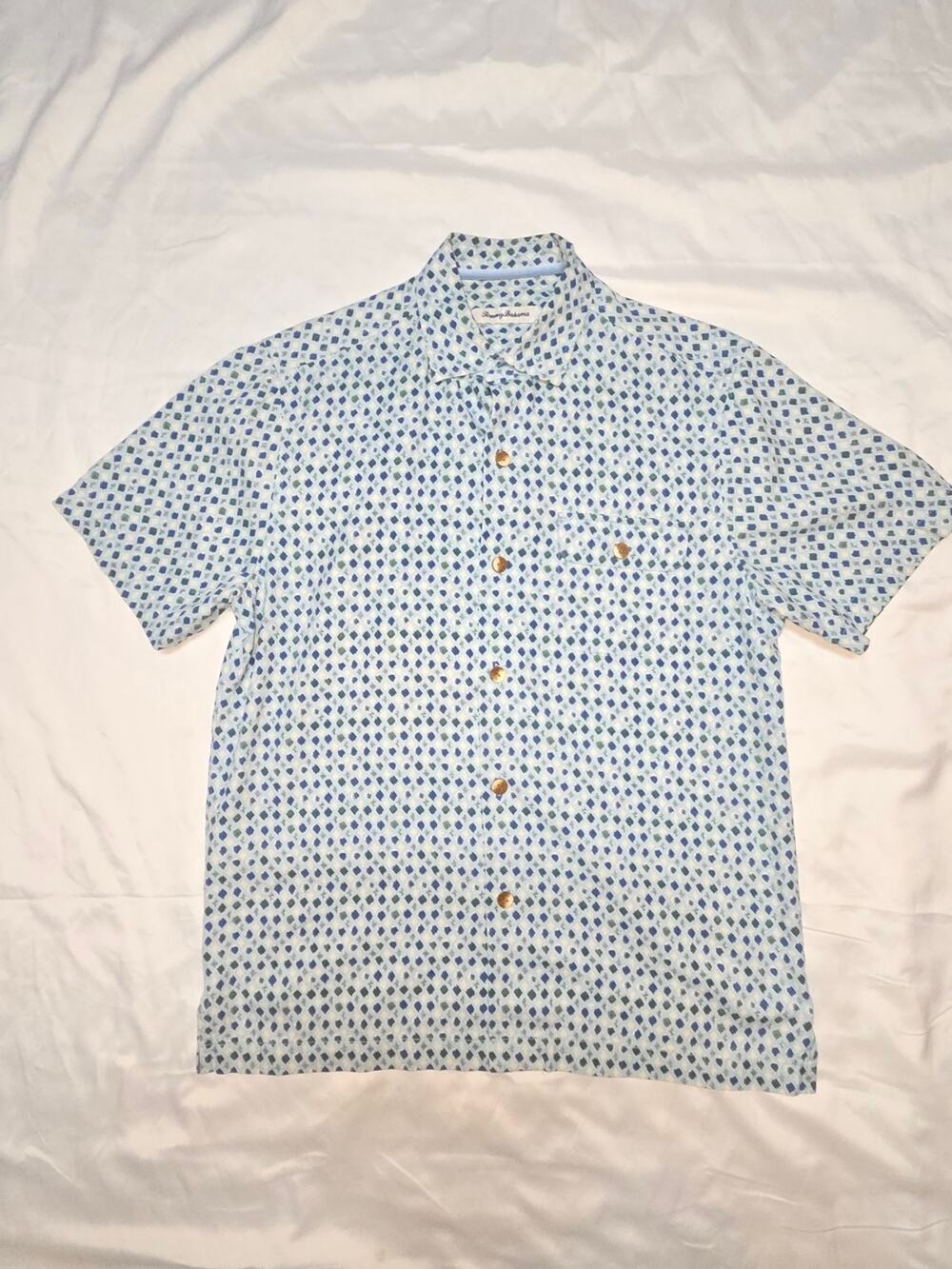 Tommy Bahama Light Blue Short-Sleeve Button-Down with Navy Dot Print